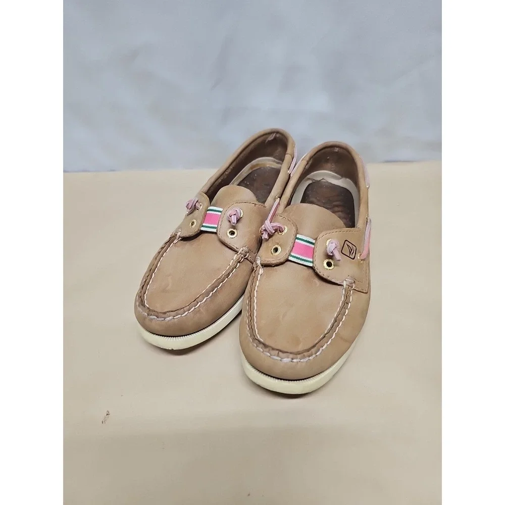 Sperry Topsiders Brown with Pink and Green Stripe sz 8